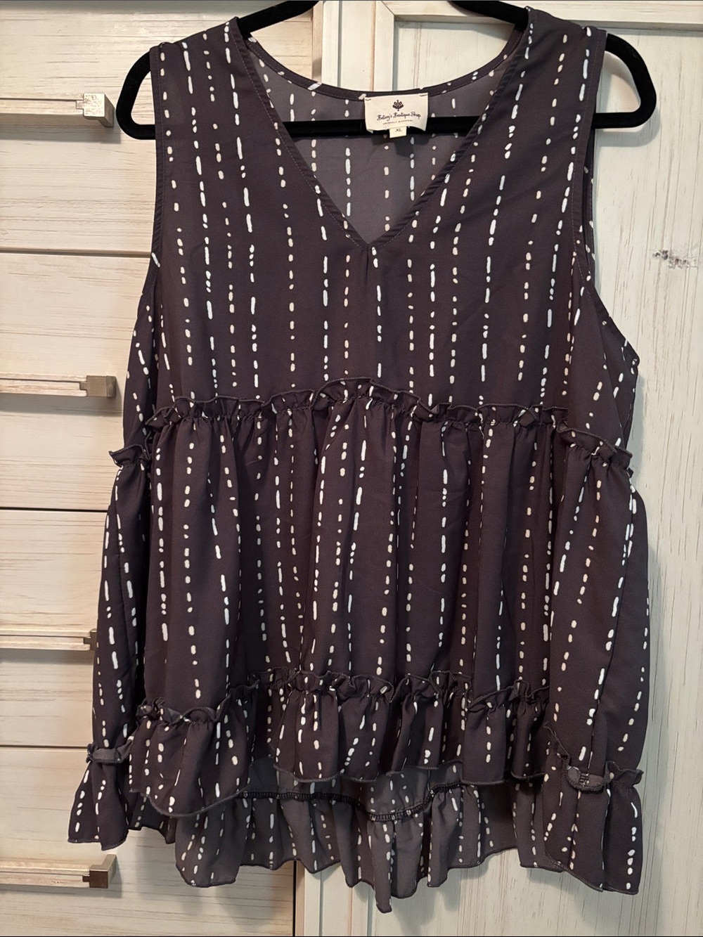 Sleeveless V-Neck Tiered Ruffle Tank with White Dot Stripe